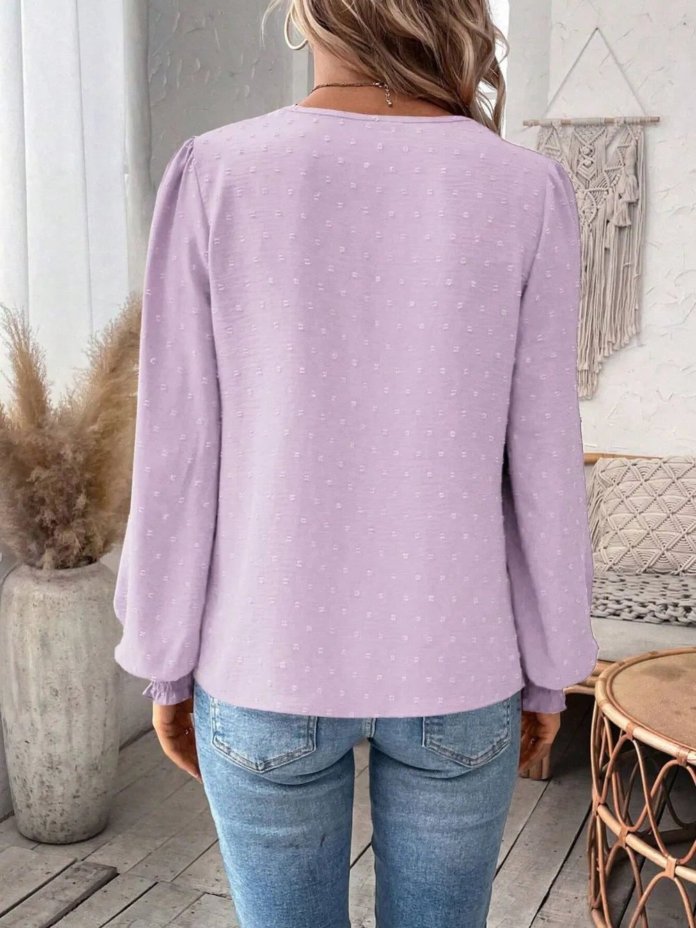 Swiss Dot Lace Detail Notched Long Sleeve Blouse 