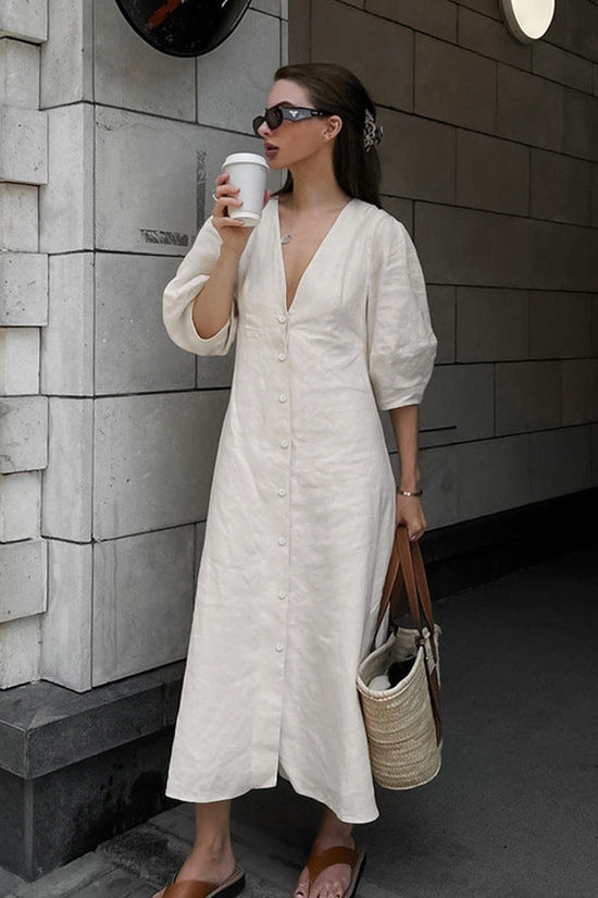 V-neck bubble sleeve loose mid length dress 