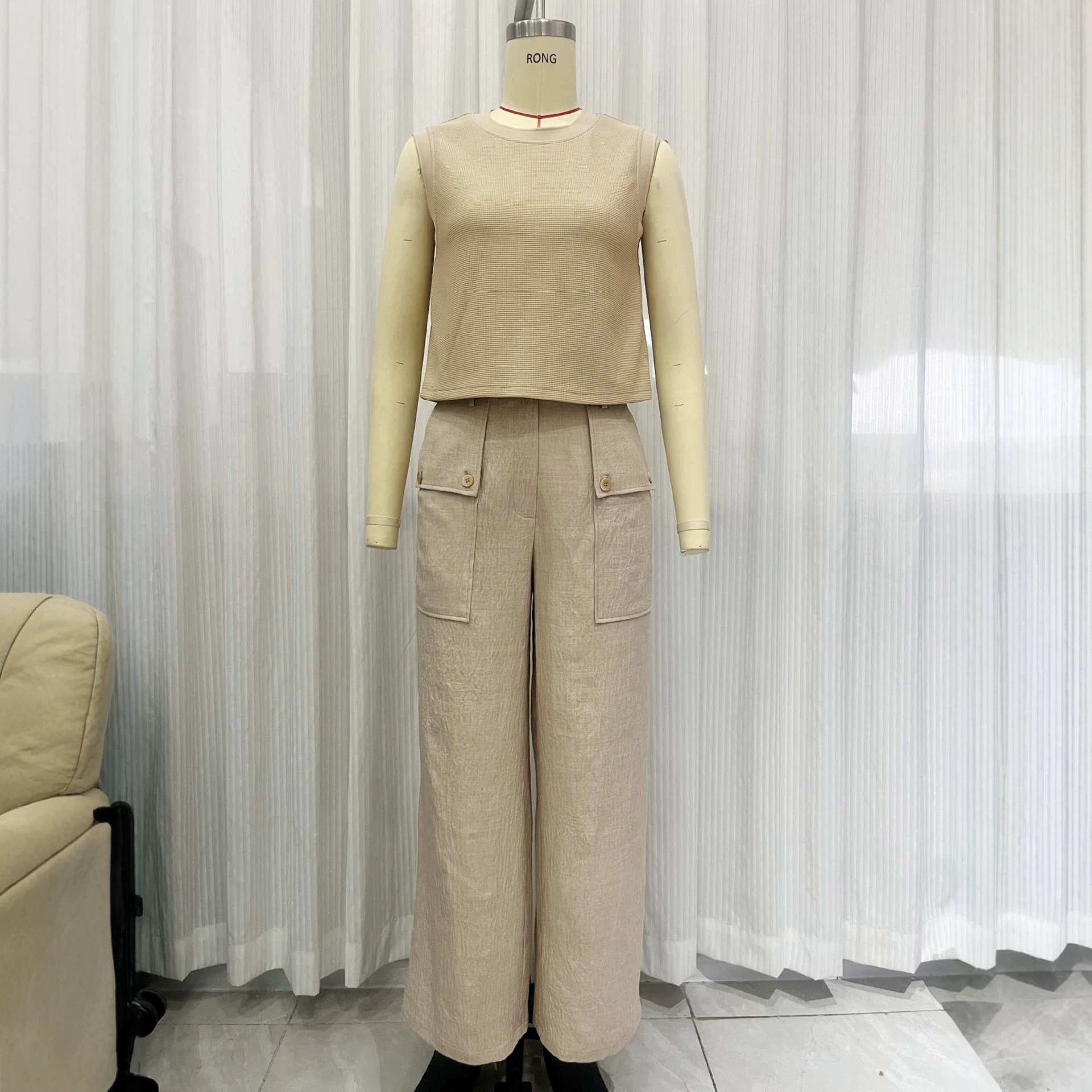 Khaki linen casual two-piece short knitted vest pocket wide leg pants set 