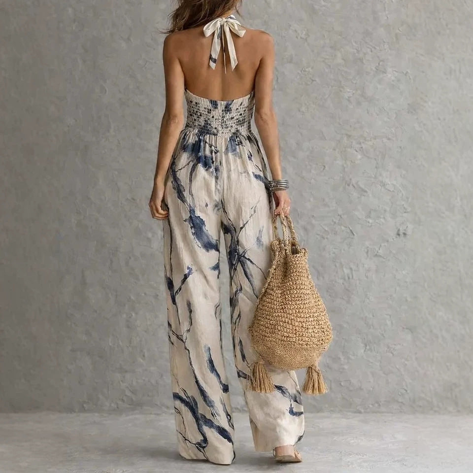 New halter backless jumpsuit, blue and white tie-dye wide-leg pants, summer beach women's wear 