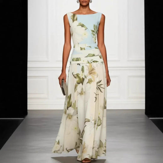 V-neck floral print women's dress sleeveless backless waist cinching long skirt 