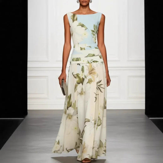 V-neck floral print women's dress sleeveless backless waist cinching long skirt 