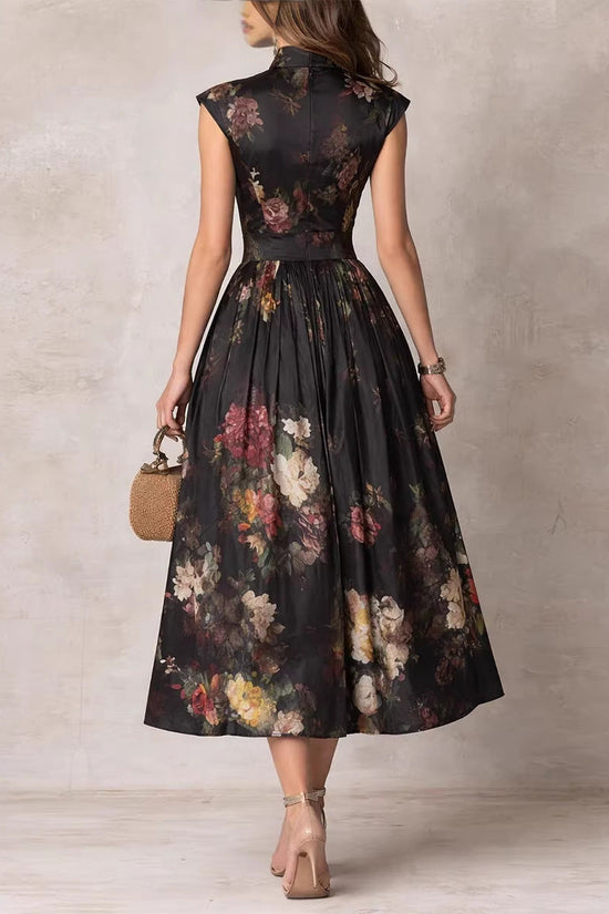 Sleeveless black digital printed long skirt 