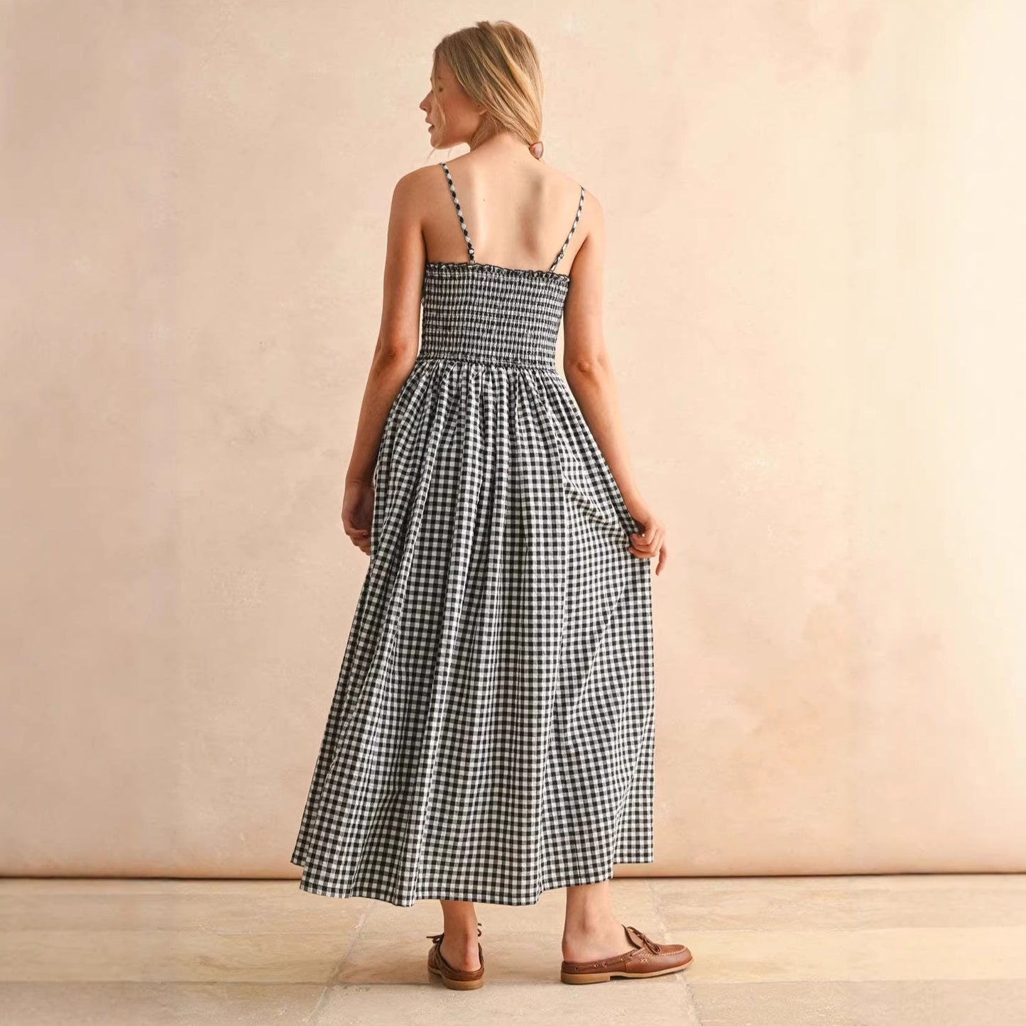 Summer Strap Retro Plaid A-line Slimming Dress for Women with Waist 