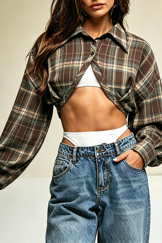 Asymmetric hem checkered short top 
