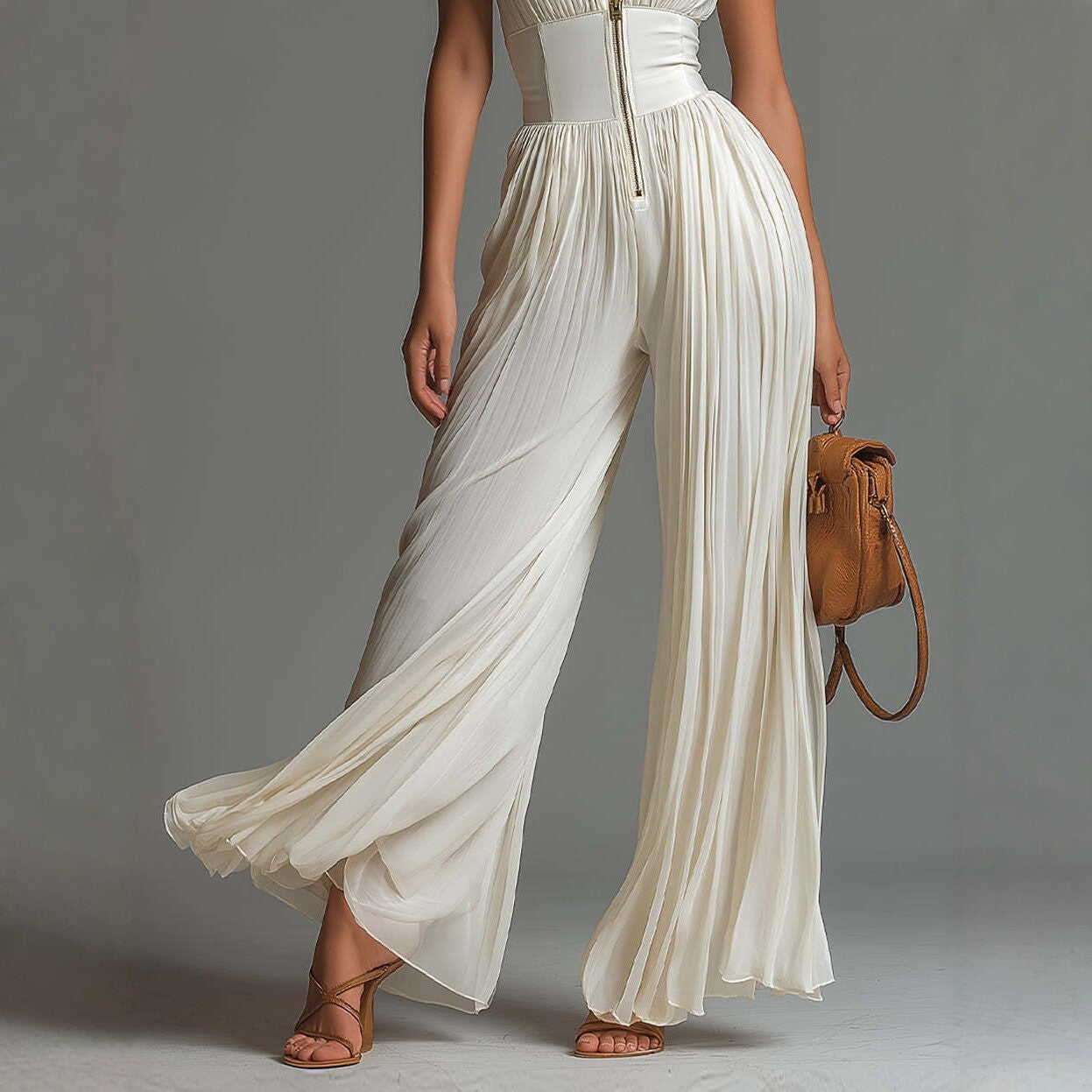 White Pleated Strap Neck Jumpsuit for Women, Long Wide Leg Fashion Sexy Folded Design 