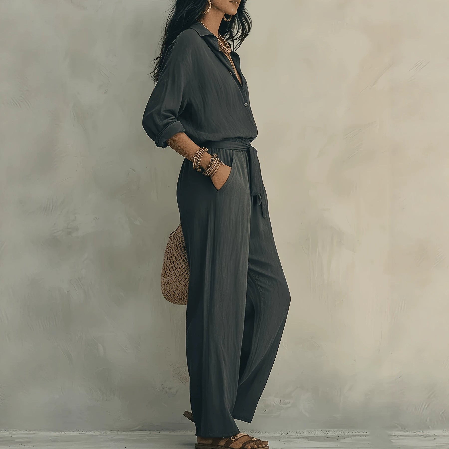 2-piece set fashion casual button-up collar shirt with loose pants and belt 
