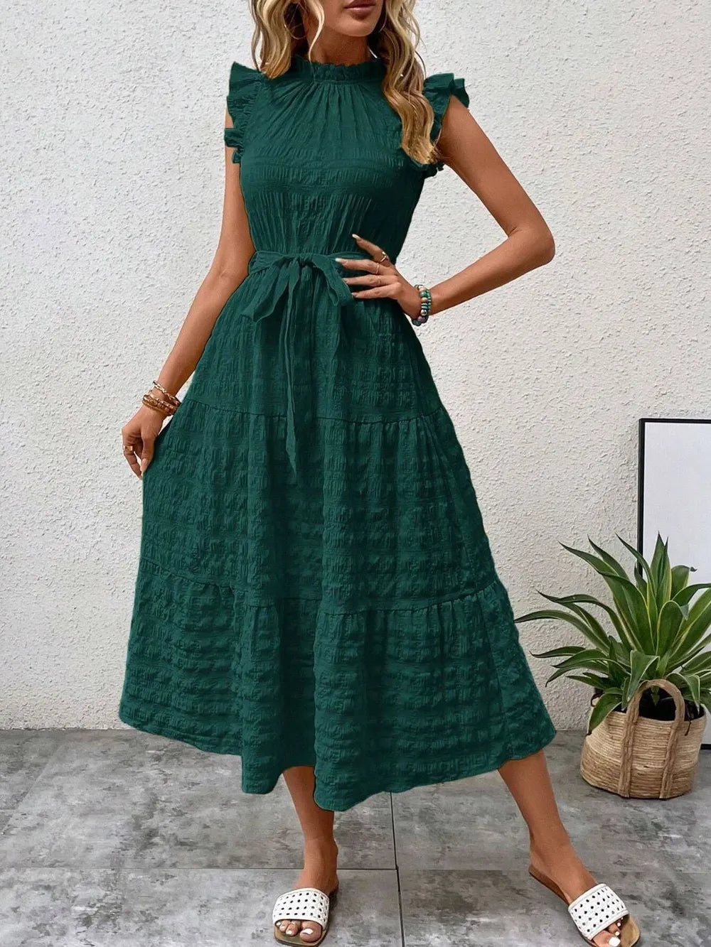 Tied Ruffled Cap Sleeve Midi Dress 