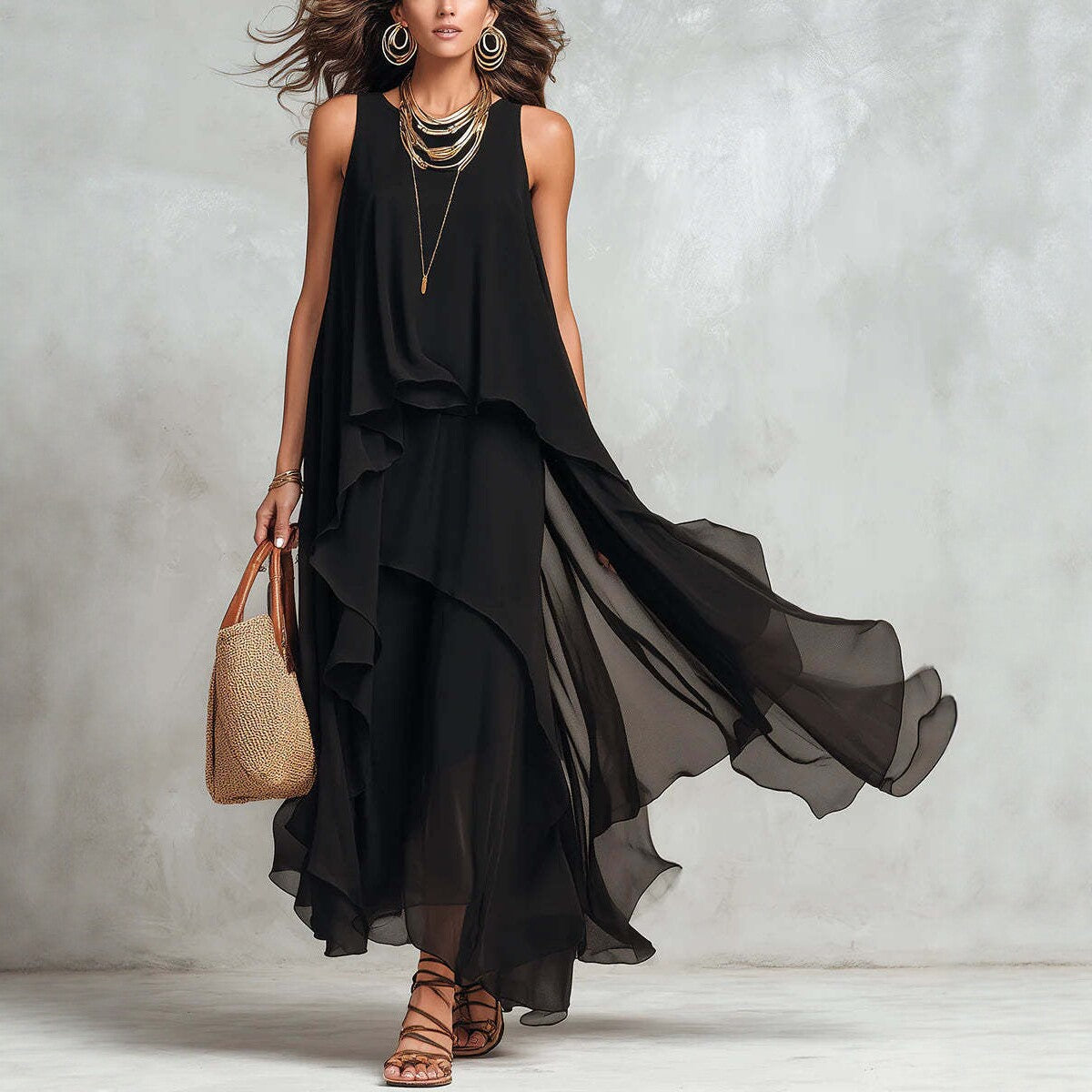 Chic Flowy Black Sleeveless Asymmetrical Chiffon Long Dress 