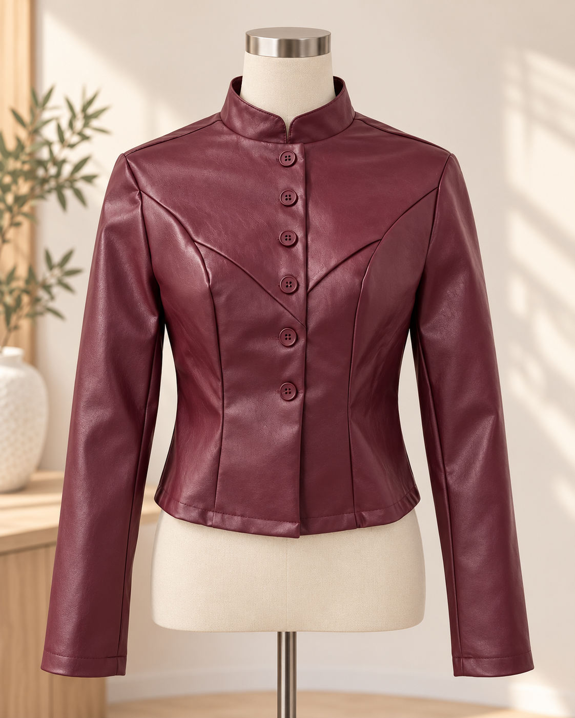 Women's Slim-Fit Stand-Collar Faux-Leather Short Jacket 