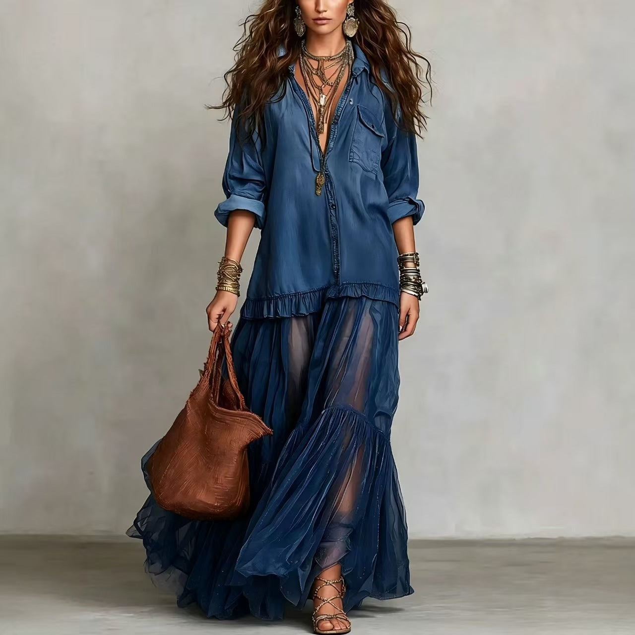 Vintage Denim-like Long Dress Casual Style 