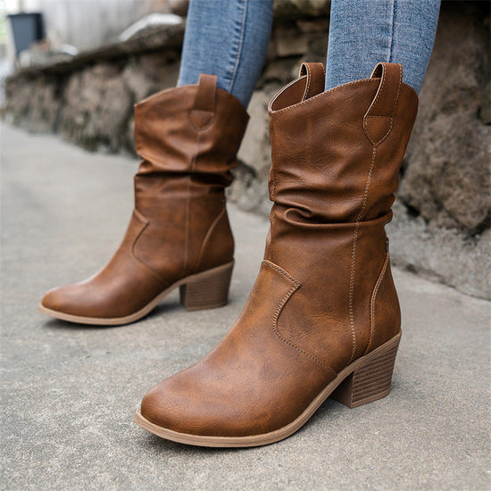Comfortable Round Toe Stack Boots for Women, Summer Stylish Heeled Western Cowboy Boots 