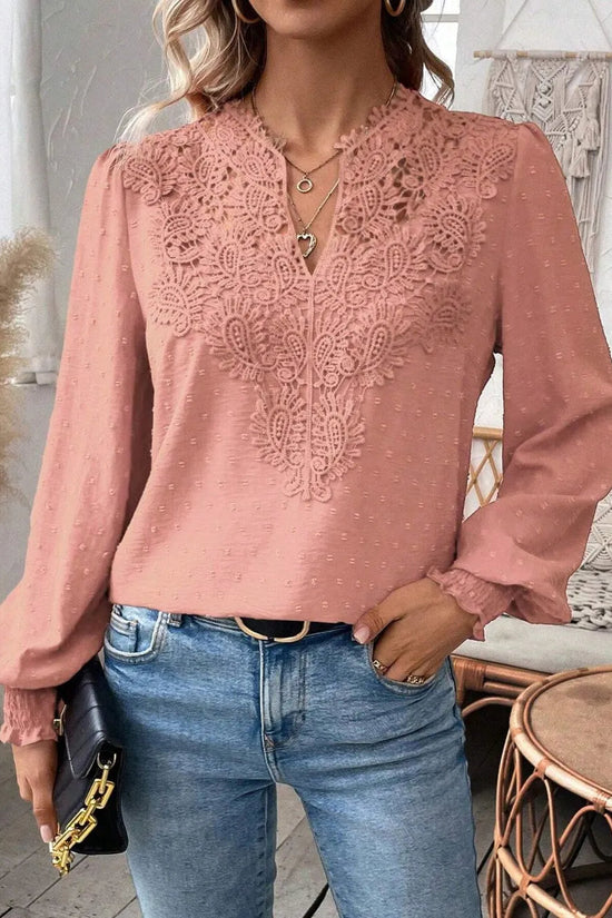 Swiss Dot Lace Detail Notched Long Sleeve Blouse 