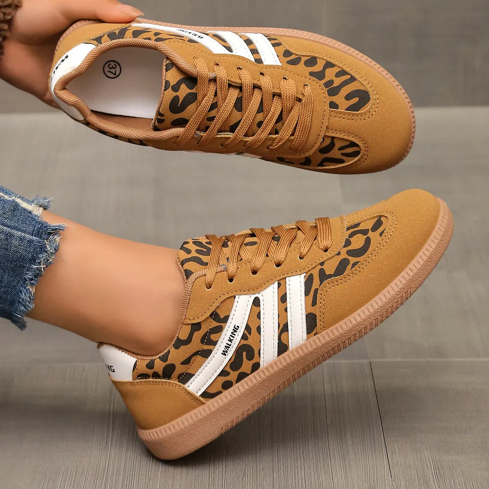 Leopard Round Toe Lace Up Sneakers 