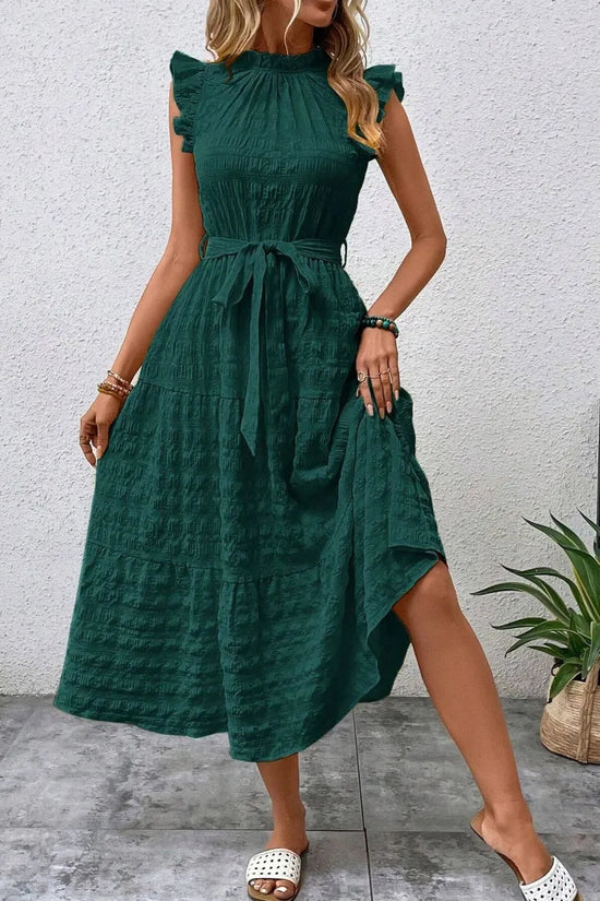 Tied Ruffled Cap Sleeve Midi Dress 