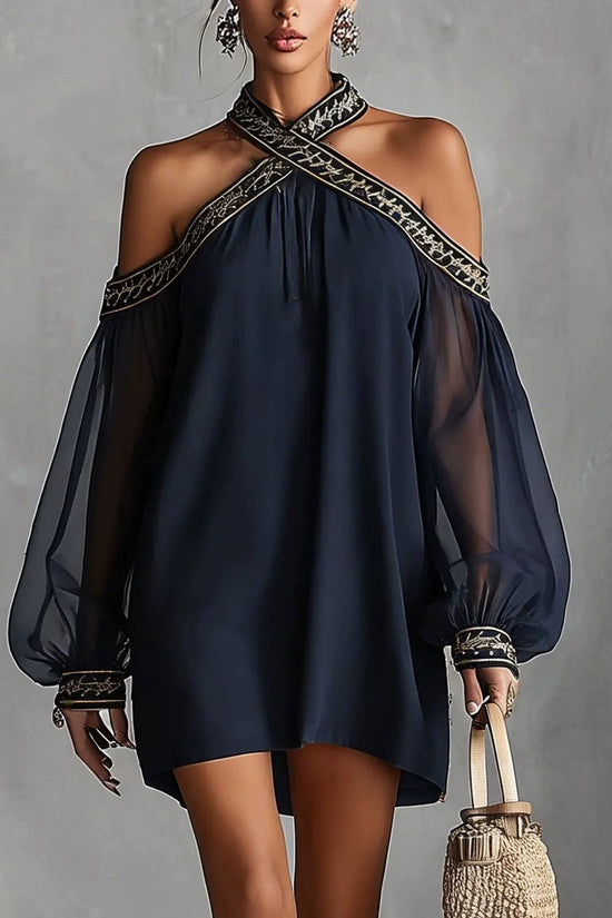 Fashion Design Embroidered Strapless Dress with Off-Shoulder Sheer Lantern Sleeve Loose Slimming Resort Style 