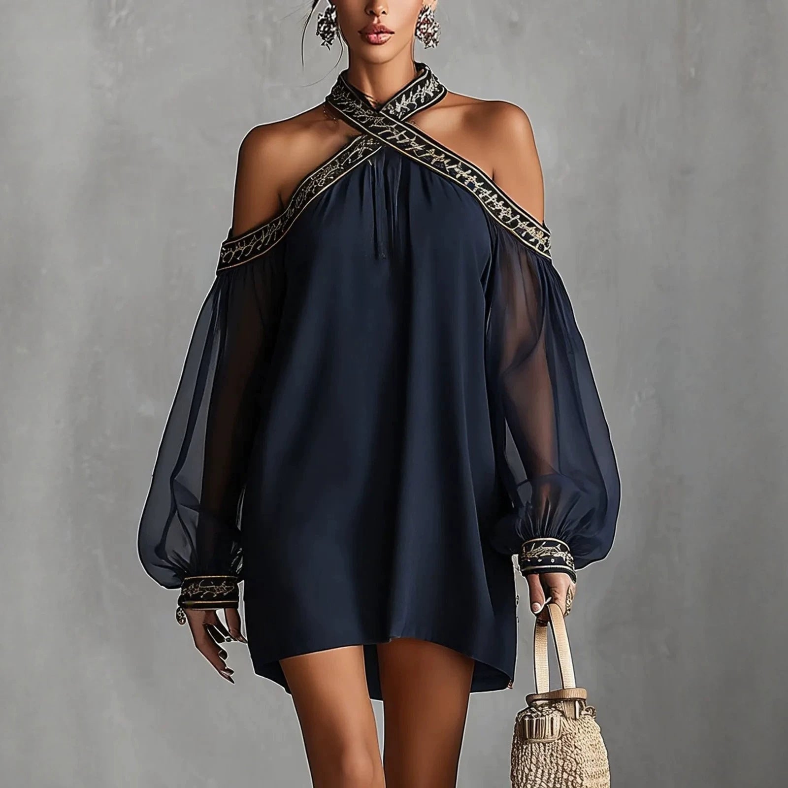 Fashion Design Embroidered Strapless Dress with Off-Shoulder Sheer Lantern Sleeve Loose Slimming Resort Style 