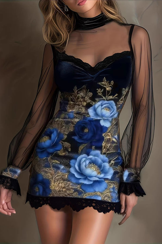 Sexy Lace Trim Patchwork Dress with Elegant Printed Tulle Design Fitted Mini Dress 