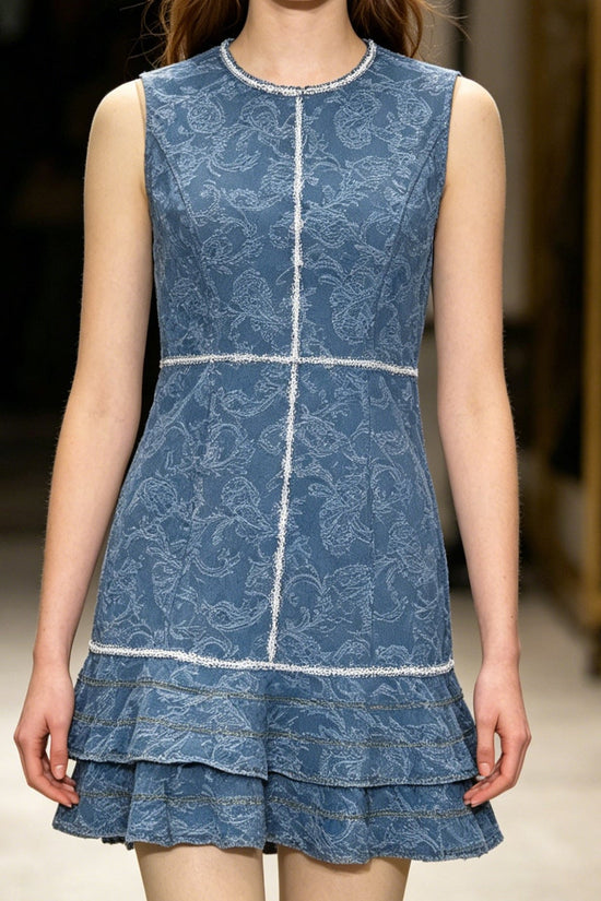 Sleeveless blue and white print element denim blue dress 