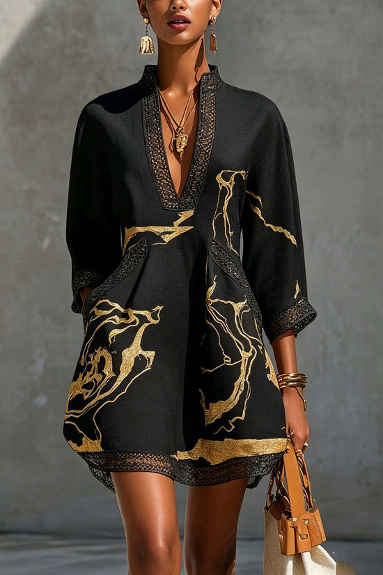 Printed lace trimmed seven quarter sleeved cotton linen short dress 