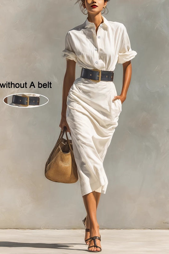 Solid color waist folded shirt long dress 