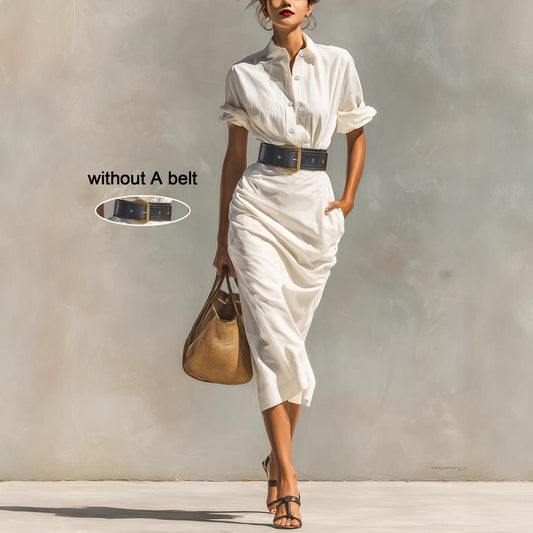 Solid color waist folded shirt long dress 