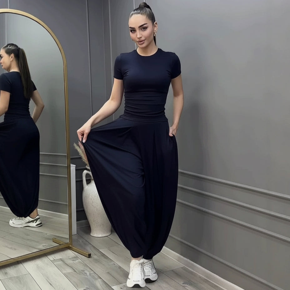 Style summer short sleeve T-shirt wide-leg pants casual elegant women's set 