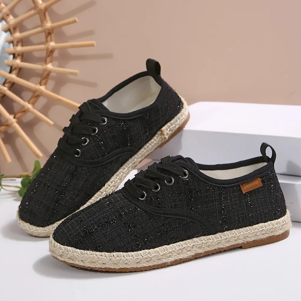 Lace Up Round Toe Flats Tweed Sneakers 