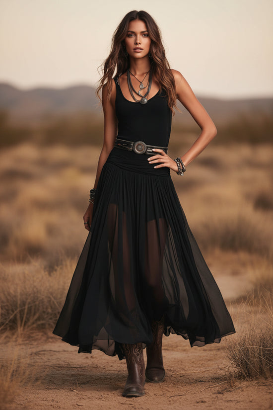 Summer New Black Strap Long Dress for Women, Mesh Dress with Belt 