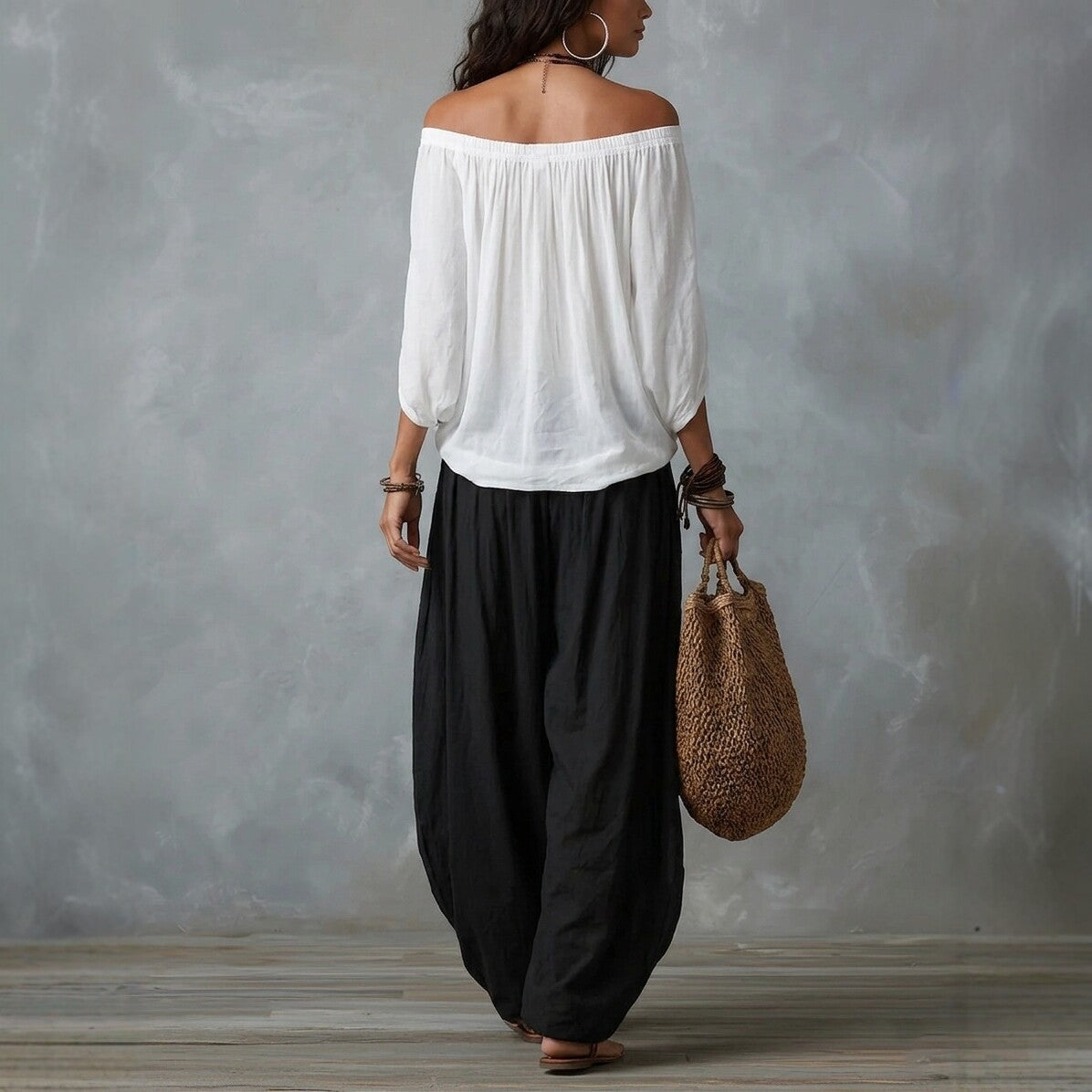 Fashion One-Shoulder T-Shirt with Wide-Leg Pants Set for Women, Elegant Two-Piece Long Sleeve Casual Outfit 