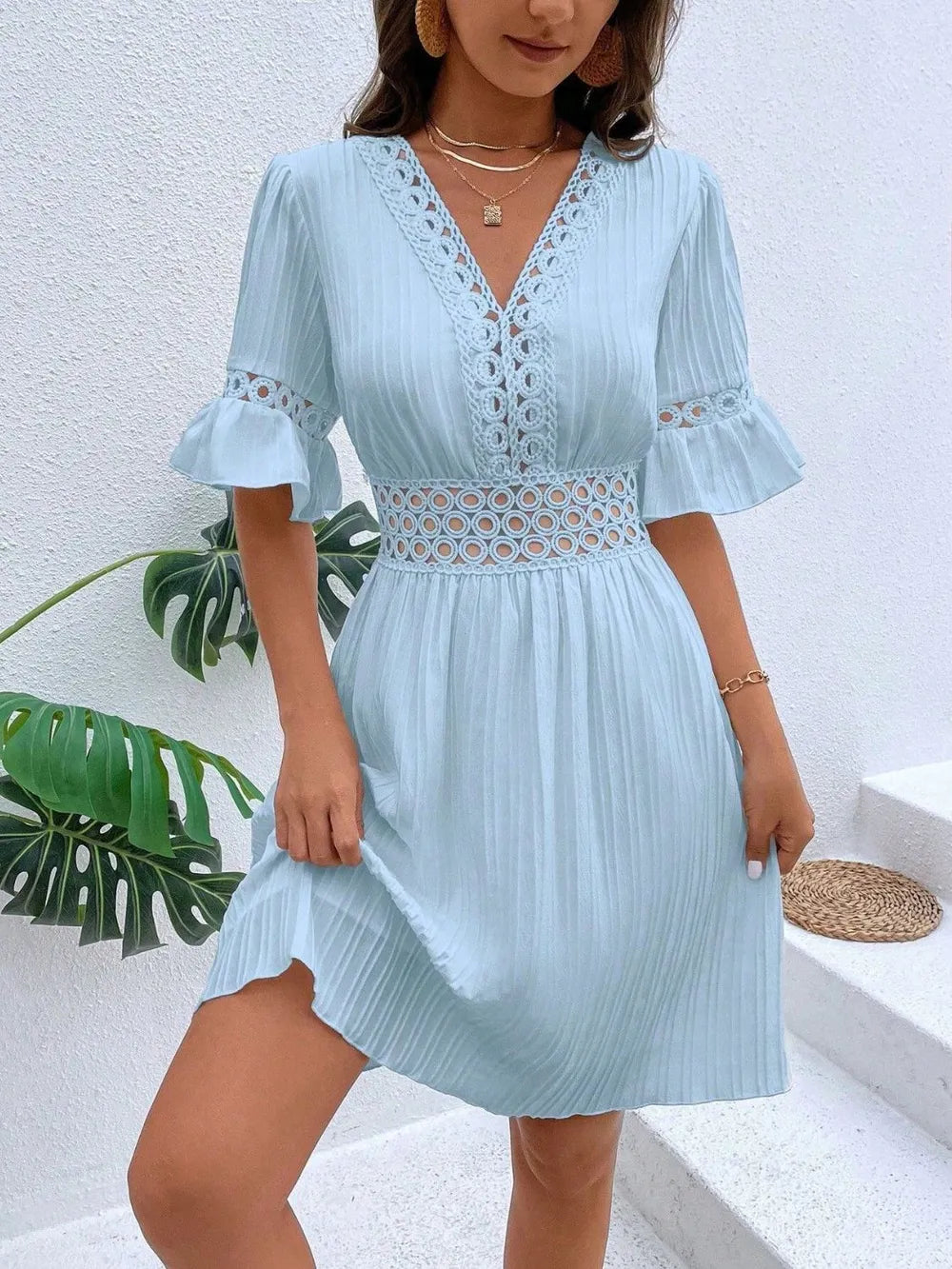 Cutout V-Neck Flounce Sleeve Mini Dress 