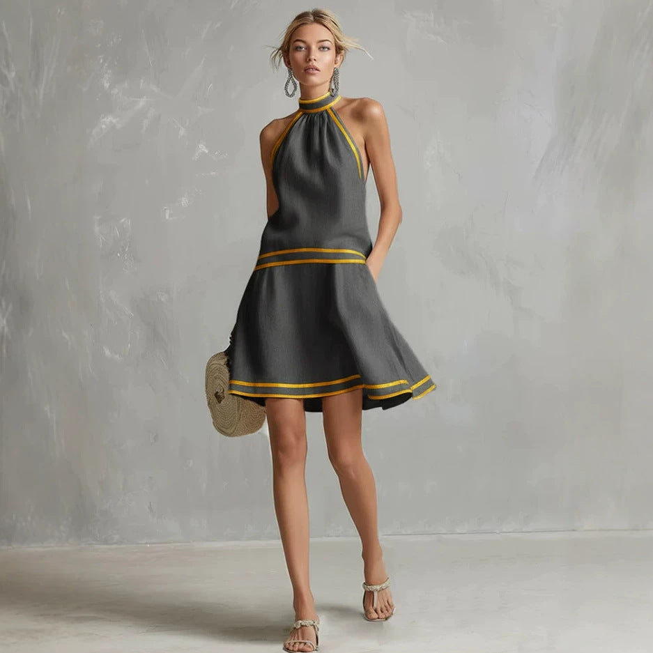 Choker Neck Fashion Short Dress with Striped Trim, Comfortable Sleeveless Fitted Dress 