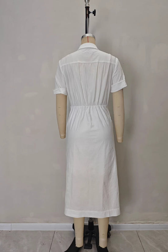Solid color waist folded shirt long dress 