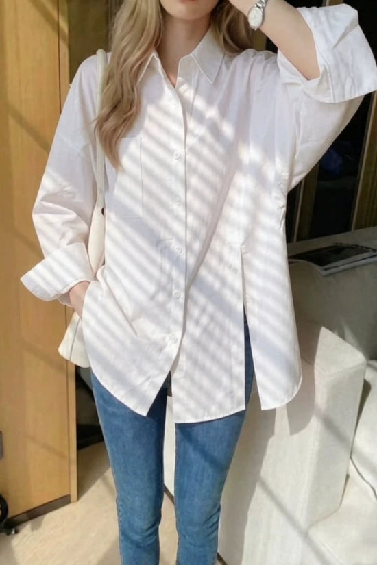 New women's solid color long sleeved shirt with button side slit 
