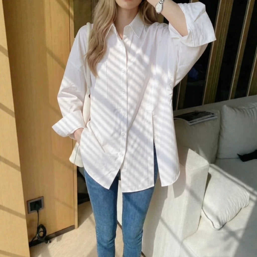 New women's solid color long sleeved shirt with button side slit 