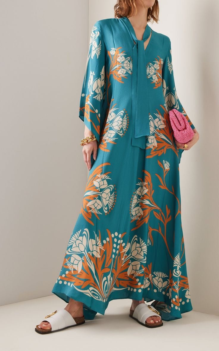New European and American Summer Printed Seven Sleeve Stand up Collar Dress 