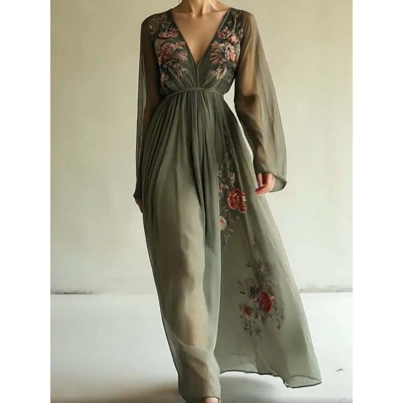 Printed long sleeved long collar dress long skirt 