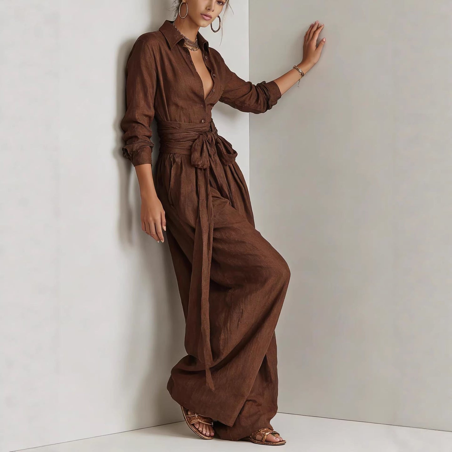 Solid color collar top high waisted pants two-piece set 
