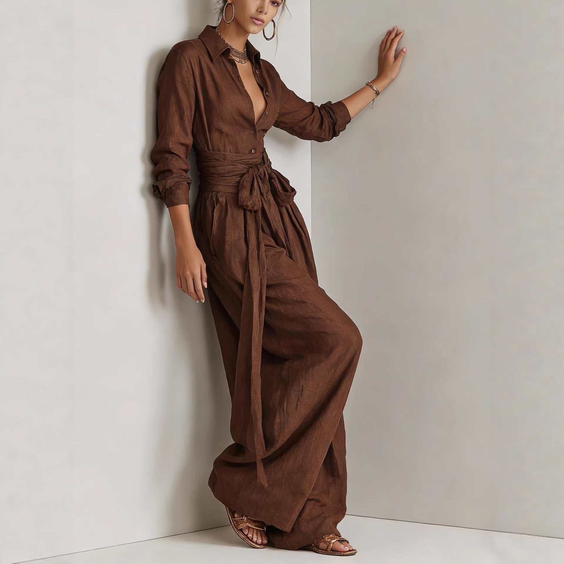 Solid color collar top high waisted pants two-piece set 