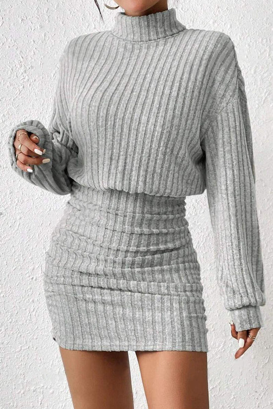 Hip hugging long sleeved high neck striped knitted sexy dress