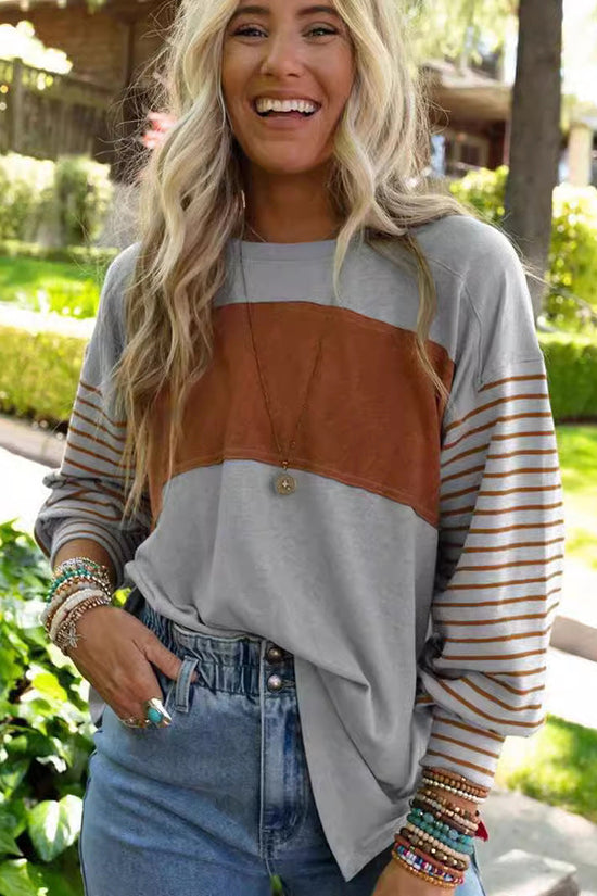 Women's casual color-blocked striped long sleeve round neck pullover t-shirt 