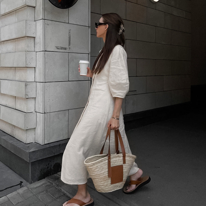 V-neck bubble sleeve loose mid length dress 
