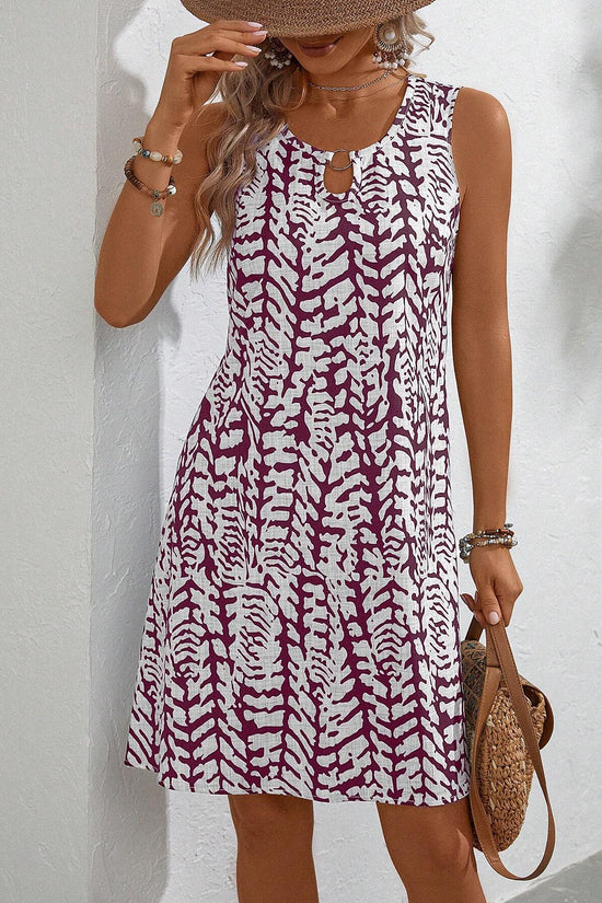 Elegant U-Neck Floral Print Sleeveless Dress with Ring Detail, Mid-Length Summer Dress for Women 