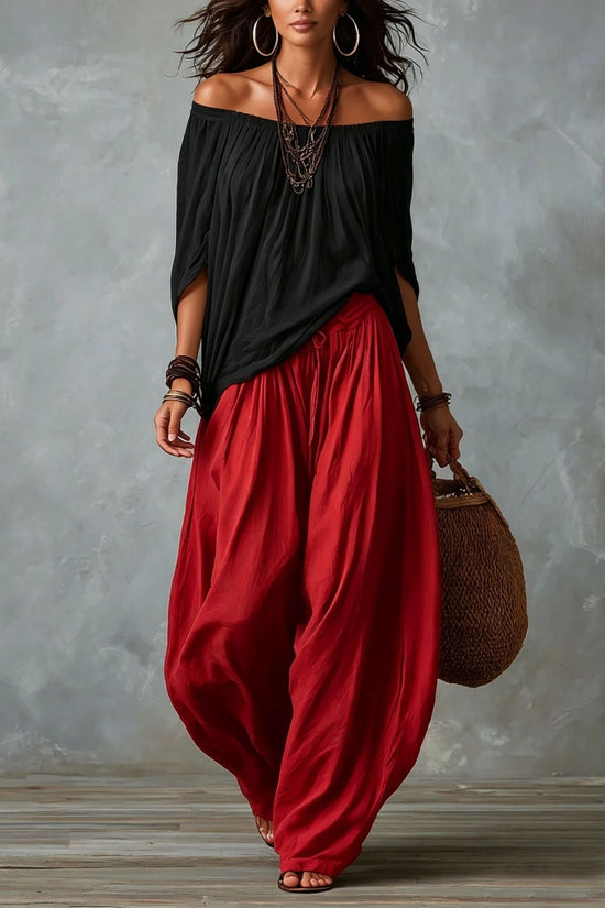 Fashion One-Shoulder T-Shirt with Wide-Leg Pants Set for Women, Elegant Two-Piece Long Sleeve Casual Outfit 