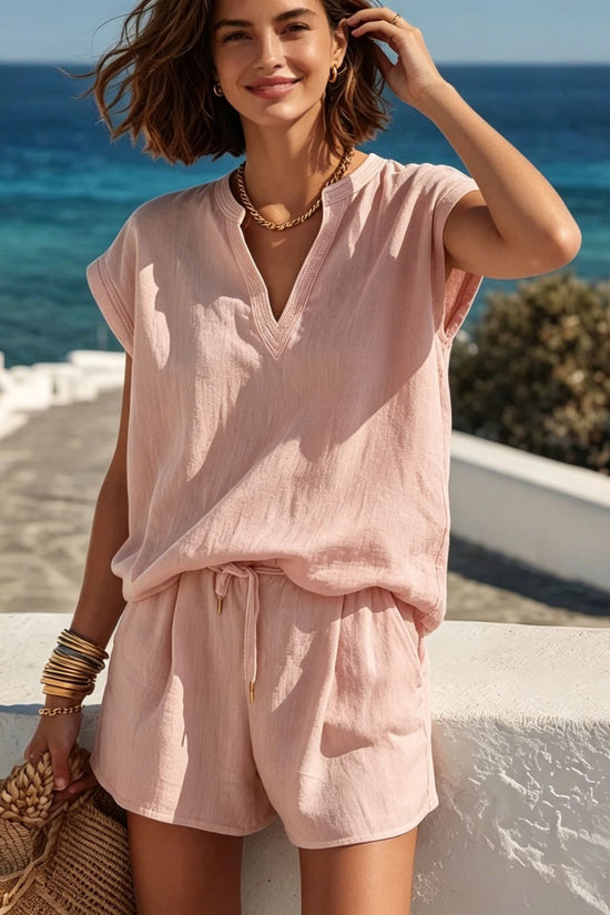 Casual Linen Two-Piece Set for Women, Solid Color, Short Sleeve Top and Shorts