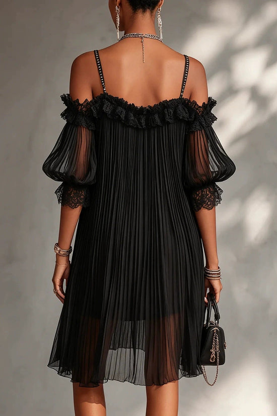 Sexy Sheer Lace Spliced Strap Solid Color Backless Dress 