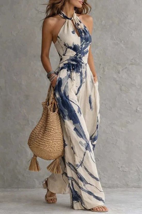 New halter backless jumpsuit, blue and white tie-dye wide-leg pants, summer beach women's wear 