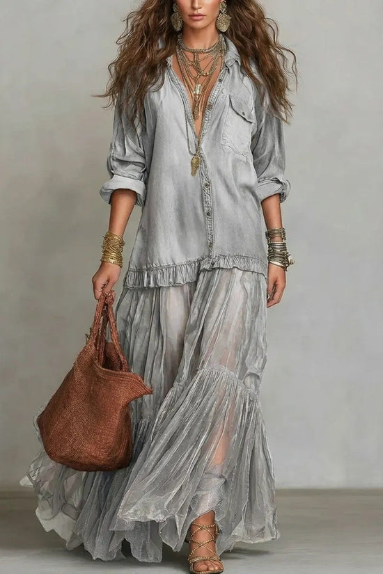 Vintage Denim-like Long Dress Casual Style 