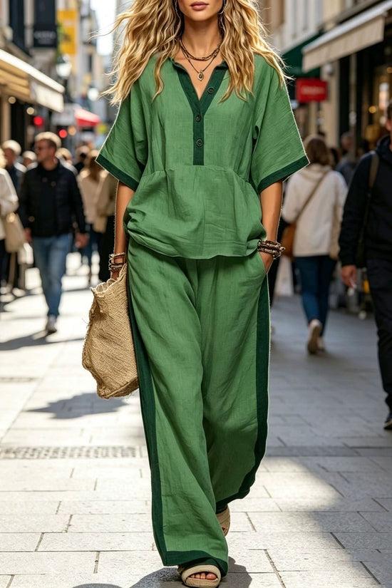 Casual Loose Solid Color Top with V-Neck and Three-Quarter Sleeves  Elastic Waist Loose Wide-Leg Pants Solid Color Set for Women 