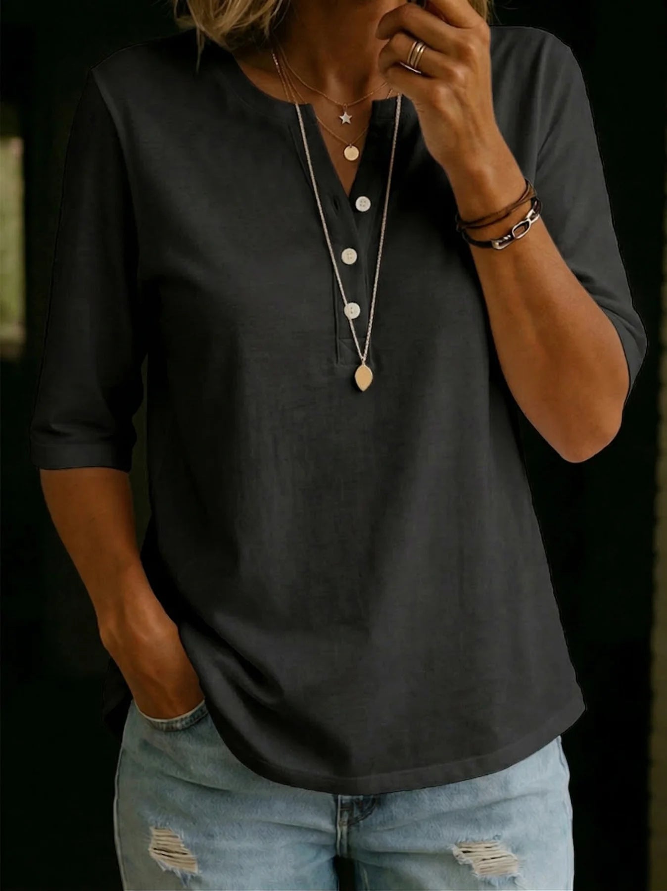 Classic Henley Neck Style Spring Summer New Women's Solid Color Button-Up Top 